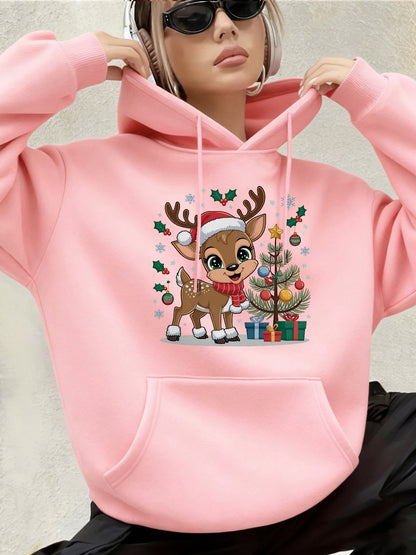 Women'S Christmas Hoodie - Thick Fleece-Lined Winter Sweatshirt with Deer & Snowflakes, Plaid Santa Hat Design, Cozy Casual Pullover for Holiday Party Outfits