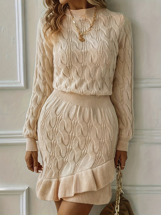 Women's Elegant Short Dress - Winter Asymmetrical hem with ribbed collar & round Neck, Solid Color Short Length Dress suitable for Fall/Winter, Casual to Semi-Formal Wear, Medium-Elasticity Fabric