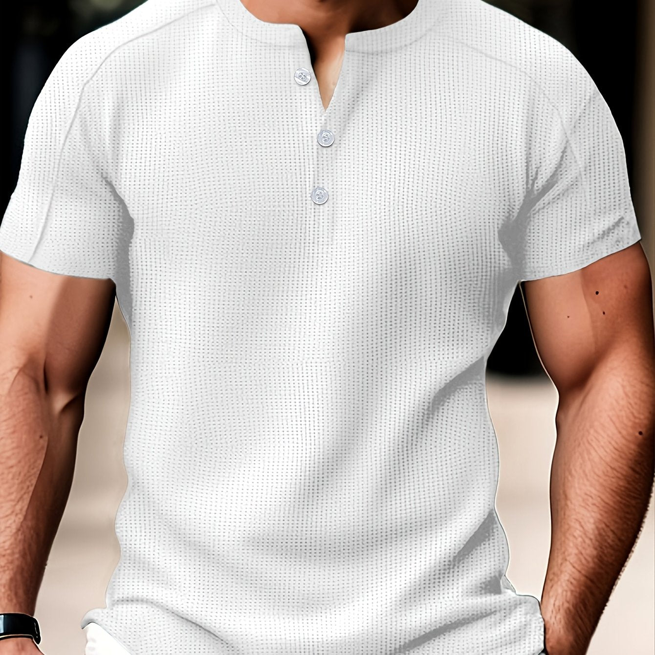 Men'S Long-Sleeve Henry Shirt in Knitted Waffle Style, Featuring Stylish Buttons And a Solid Color, Perfect for High-Quality Casual Outdoor Wear in Spring And Summer.