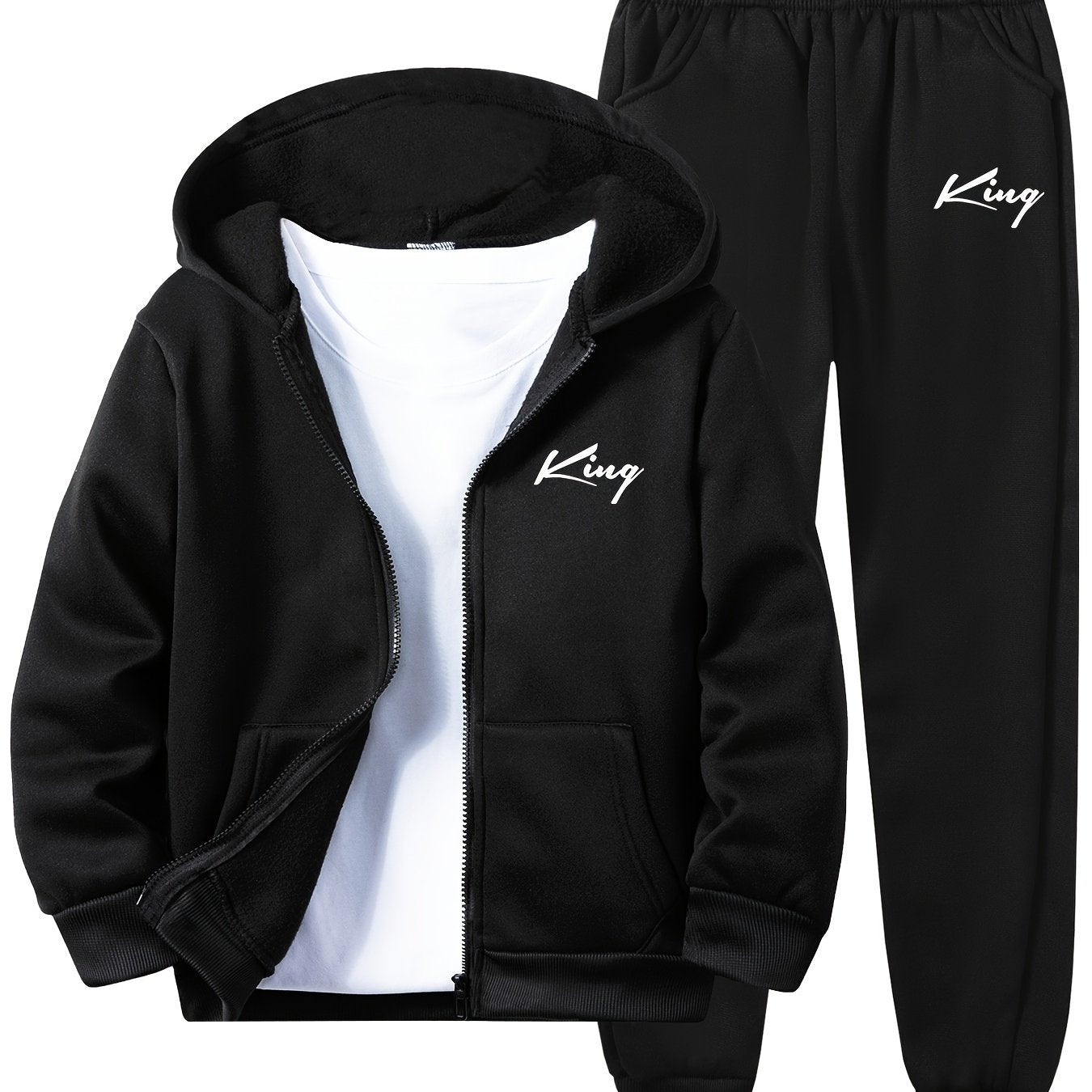 2pcs children's autumn and winter velvet zipper hooded shirt + pants, letter print boys' fashionable casual sports suit, suitable for jogging and daily wear