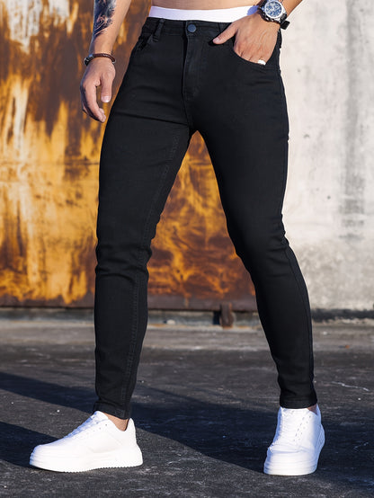 Men's Cotton Blend Casual Skinny Jeans, Chic Street Style Medium Stretch Denim Pants