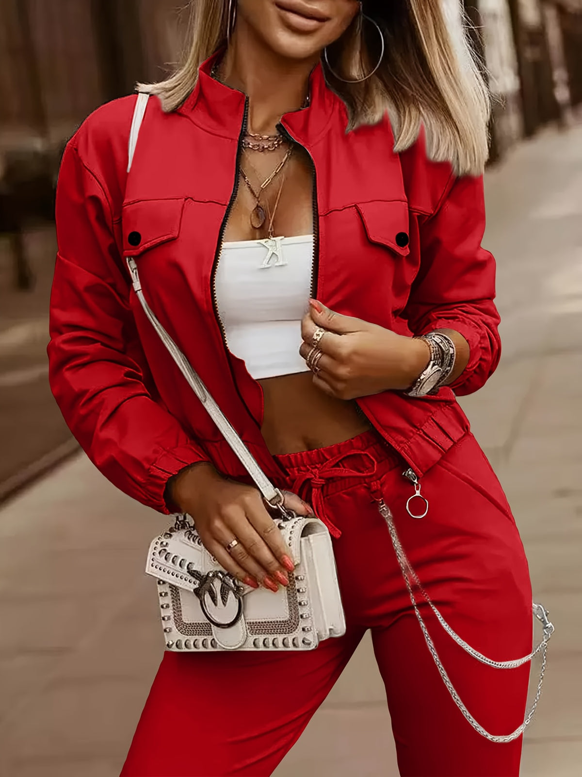 Women's Two-Piece Casual Set with Zipper Patchwork Detail - ayq
