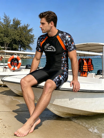 Men's Quick-Dry Colorblock Tropical Print Swim Set