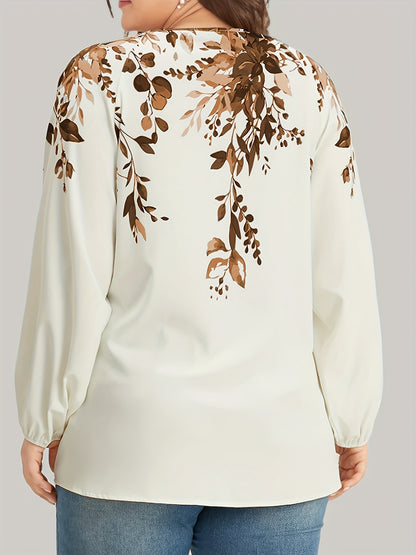 Plus Size Floral Print Blouse, Casual V Neck Long Sleeve Blouse For Spring, Women's Plus Size Clothing