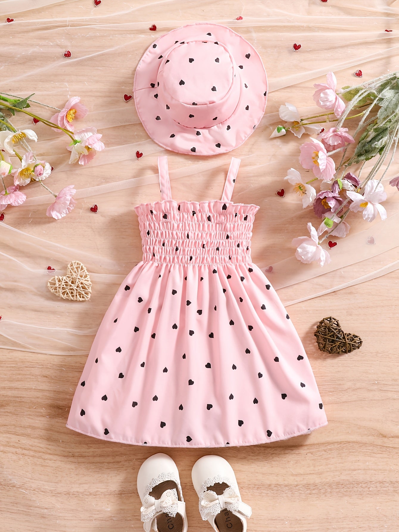 Girls' Sleeveless Heart-Print Dress & Hat Set for Summer 0-3 Years