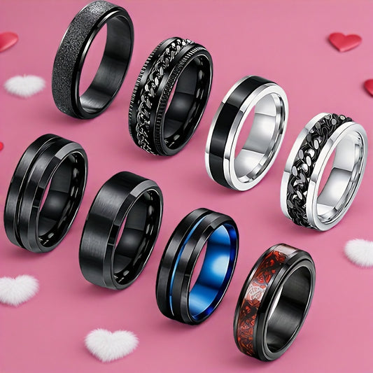 1 Set of 8pcs Men's 201 Stainless Steel Ring Set - Vintage Style Fidget Rings, Wedding and EngaSynthetic Gemstoneent Rings for Daily Wear, Valentine's Day Gift for Boyfriend or Girlfriend