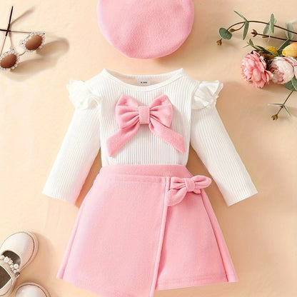 Honey Style Knitted Fabric Crew Neck Long Sleeve T-Shirt with Solid Color Flared Skirt and Beret Set for - Bow Detail Knee High Medium Stretch Fall/Winter Outfit