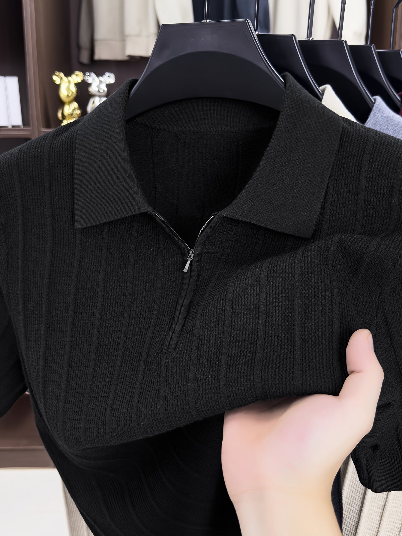 Men's Spring/Fall Knit Polo Shirt with Half-Zip Lapel