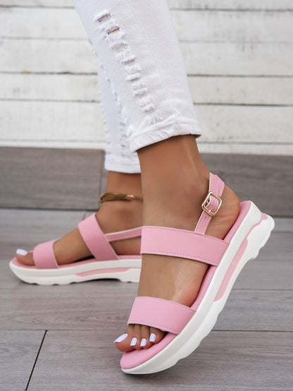 Mhysa Women's Comfortable Open-Toe Platform Sandals with Thick Sole & Golden Buckle Strap - Summer Casual White PU Cover Ankle Strap Sandals for Casual Attire, Ladies Sandals