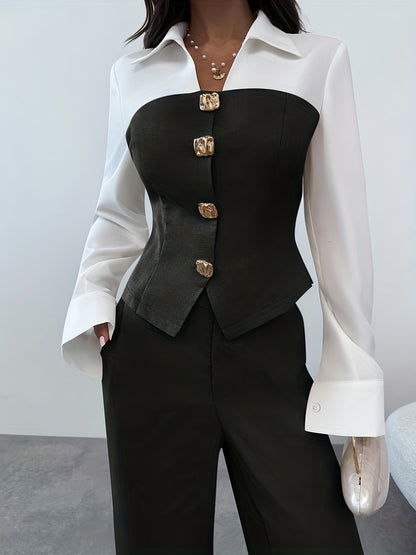 A Casual And Elegant Two-Piece Set, Featuring a Patchwork Shirt And Loose Straight-Leg Pants. Autumn Women'S Wear, Suitable for Commuting, Teaching, Back-To, Old Money Style, And Women'S Casual Office Attire