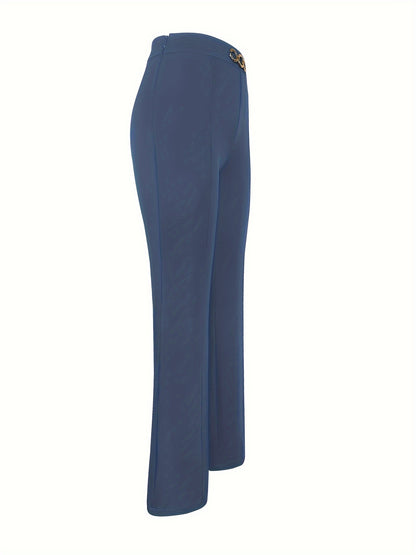 Elegant Navy Blue High-Waist Straight Leg Pants with Golden-Tone Metal Button Detail - Versatile & Chic Women's Workwear, 100% Polyester/Spandex Blend, Machine Washable