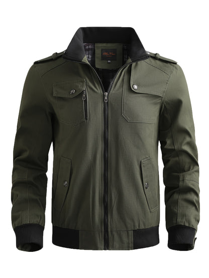 Men's Casual Bomber Jacket, Cotton Stand Collar Windbreaker Jacket With Pockets For Fall Winter