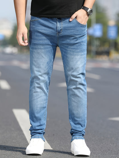 Men's Washed Jeans - Solid Color Casual Straight-Look Pants, Machine-Washable All-Season Fit for Casual Attire & Smart-Casual Outfits (Regular Length) - ayq