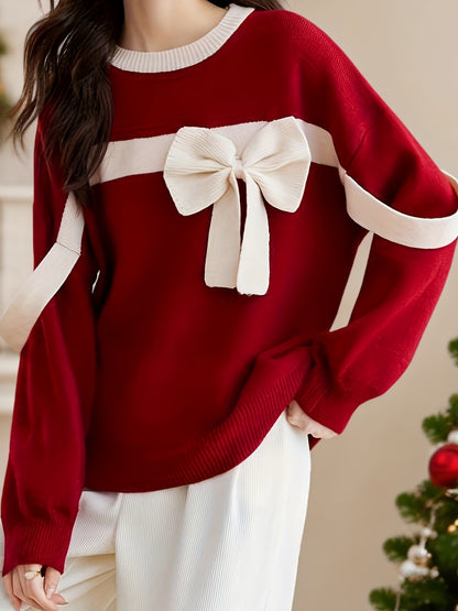 Կանացի էլեգանտ կարմիր սվիտեր մեծ ժապավենով - հարմարավետ կլոր վզնոցով, երկար թևքերով, երիզներով հյուսվածքով, իդեալական է աշուն/ձմեռվա համար, բազմակողմանի նորաձև վերնաշապիկ, ձմեռային նորաձև վերնաշապիկ | Էլեգանտ տրիկոտաժ | երիզներով հյուսվածքով սվիտեր