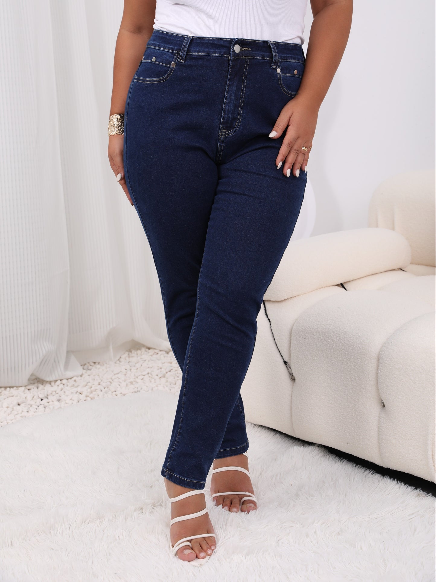 Plus Size Casual Jeans, Women's Plus Solid Button Fly Բարձրաճճի բարձր ձգվող ջինսեր