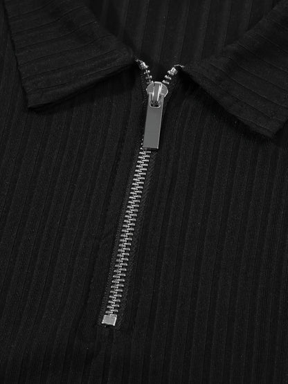 Men's Casual Sports Ribbed Long Sleeve Zipper Lapel Golf Shirt, Spring And Fall