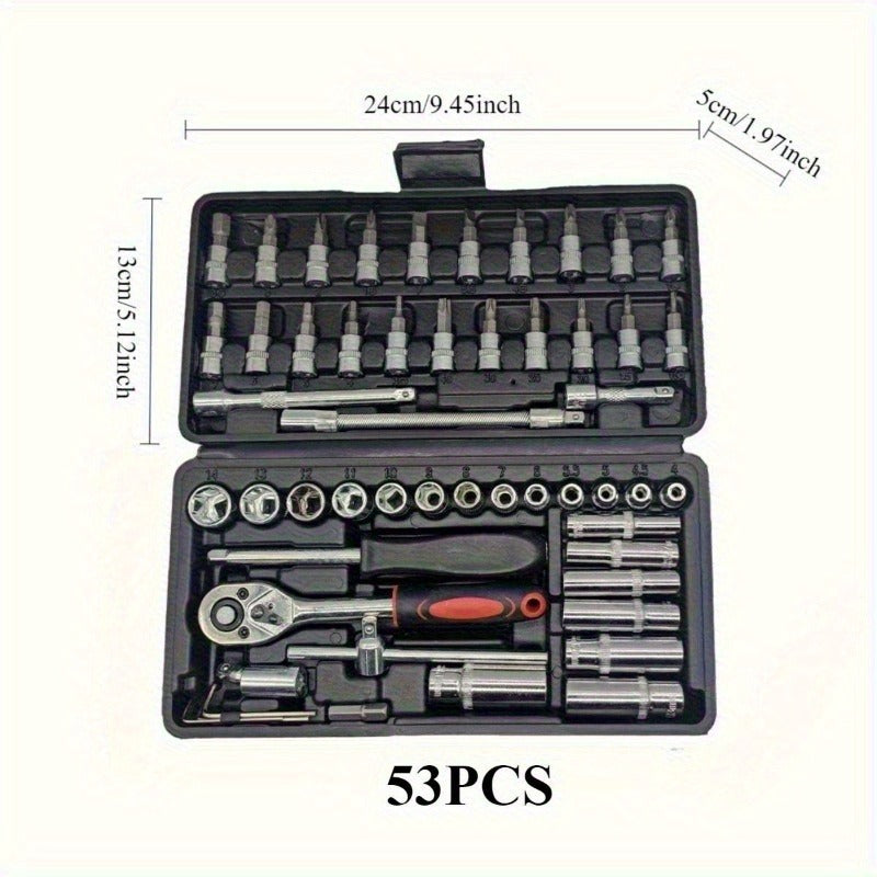 53pcs -in- Heavy-Duty Multi-Tool Kit Suitable for Car & Motorcycle Repair - Chrome-Vanadium Manual Tool Set with 53 Tools (Wrenches, Sockets,) in Black Case for Mechanics, DIY, Auto Maintenance