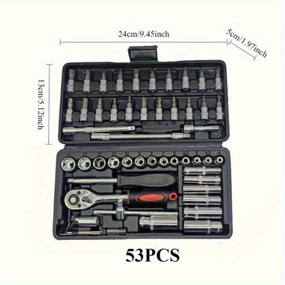 53pcs -in- Heavy-Duty Multi-Tool Kit Suitable for Car & Motorcycle Repair - Chrome-Vanadium Manual Tool Set with 53 Tools (Wrenches, Sockets,) in Black Case for Mechanics, DIY, Auto Maintenance
