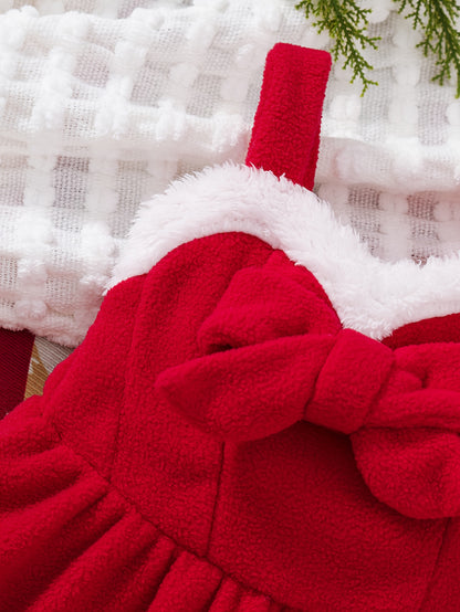 2pcs Girls' Bow Tie Suspender Dress + Shawl Children Christmas Party Gown, Seasonal Clothing, Holiday Dress, Stylish Outfit, Strapless Dress, Durable Dress, Comfortable Material, Shawl Dress, Children's Dress, Fashion