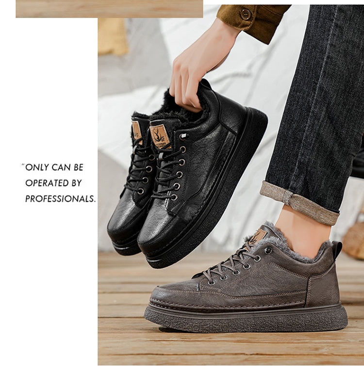 Men's Winter Warm PU -Like Hiking Sneakers with Plush -Like, EVA Cushioned Sole & Rubber Traction Tread - Low-Top Lace-Up Outdoor Shoes for Ice, Snow, Casual Wear (Black/Brown) - Cold Weather