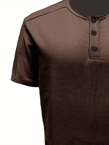 Men'S Long-Sleeve Henry Shirt in Knitted Waffle Style, Featuring Stylish Buttons And a Solid Color, Perfect for High-Quality Casual Outdoor Wear in Spring And Summer.