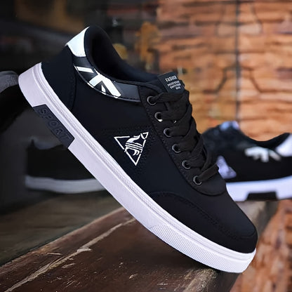 Men's Retro Breathable Canvas Sneakers - Comfortable, Non-Slip Rubber Sole Walking Shoes, Casual Low-Top Lace-Up Design with Triangular Logo, Black & White Accents, Durable PU Upper for Casual Attire