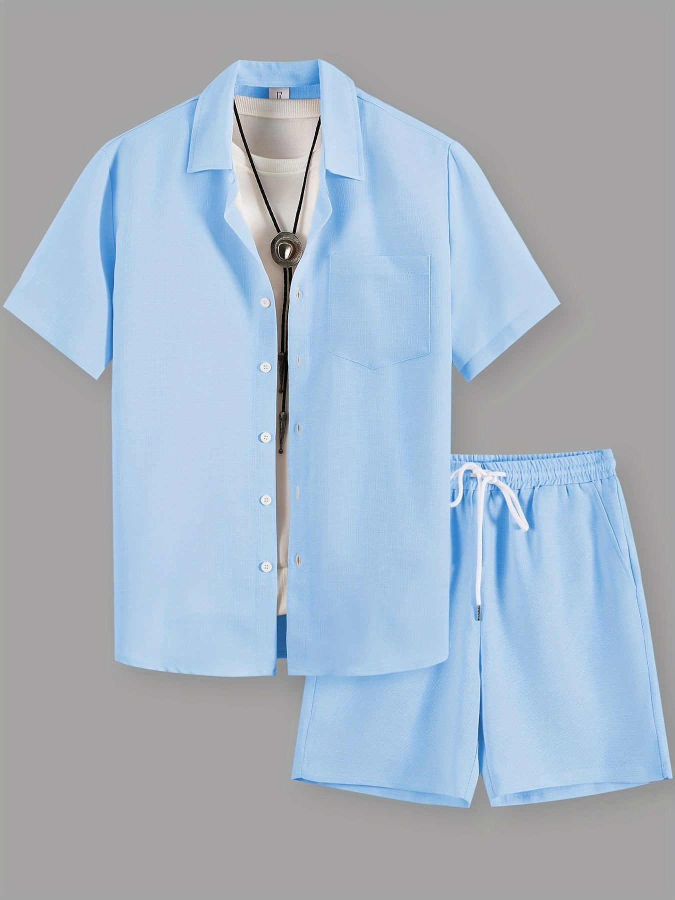Men's Summer Casual Solid Color Shirt and Shorts Set