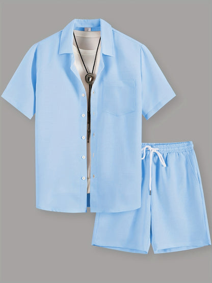 Men's Summer Casual Solid Color Shirt and Shorts Set