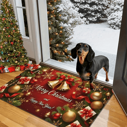 1pc Christmas & New Year Welcome Mat with Merry Christmas & Happy New Year Greeting, Red/Golden/Green Holiday Design, Non-Slip Backing, Heavy-Duty 600g/m² Polyester, Machine Washable Indoor/Outdoor Door Mat with Pine Branche