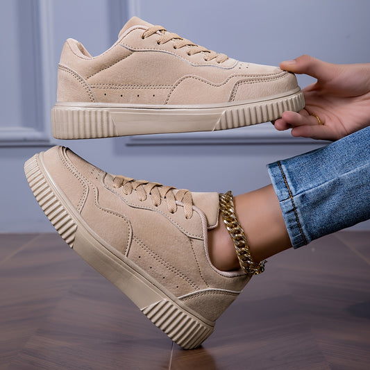 Breathable Fashion Sneakers - Casual Lace-Up Sports Shoes, Beige Faux Cover Low Tops with Durable TPR Sole, Comfortable Fabric Lining for All Seasons, Versatile Slipons|Minimalist Sneakers|Synthetic Cover Sneakers