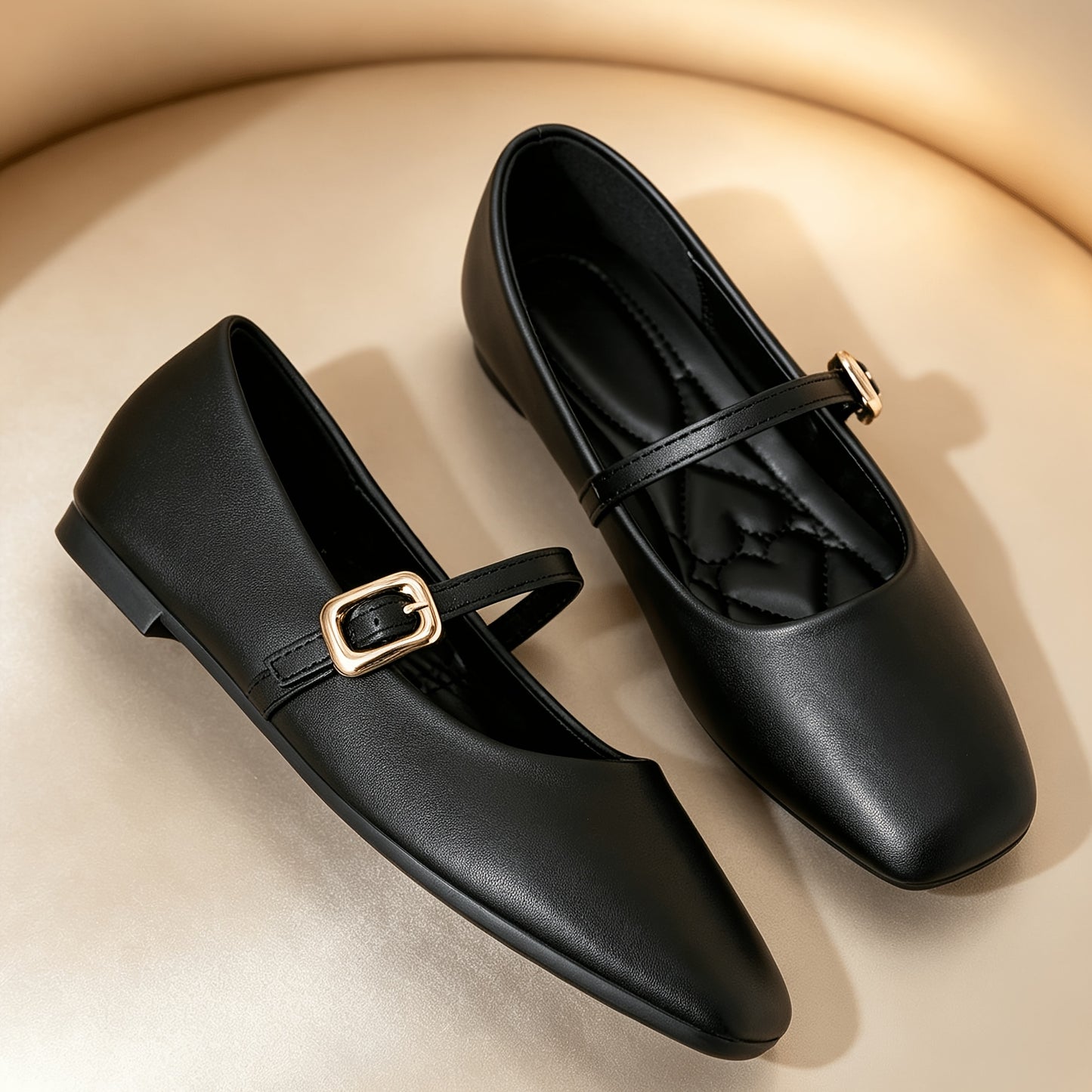 Women's Black Square-Toe Mary Jane Flats with Buckle, Comfortable All-