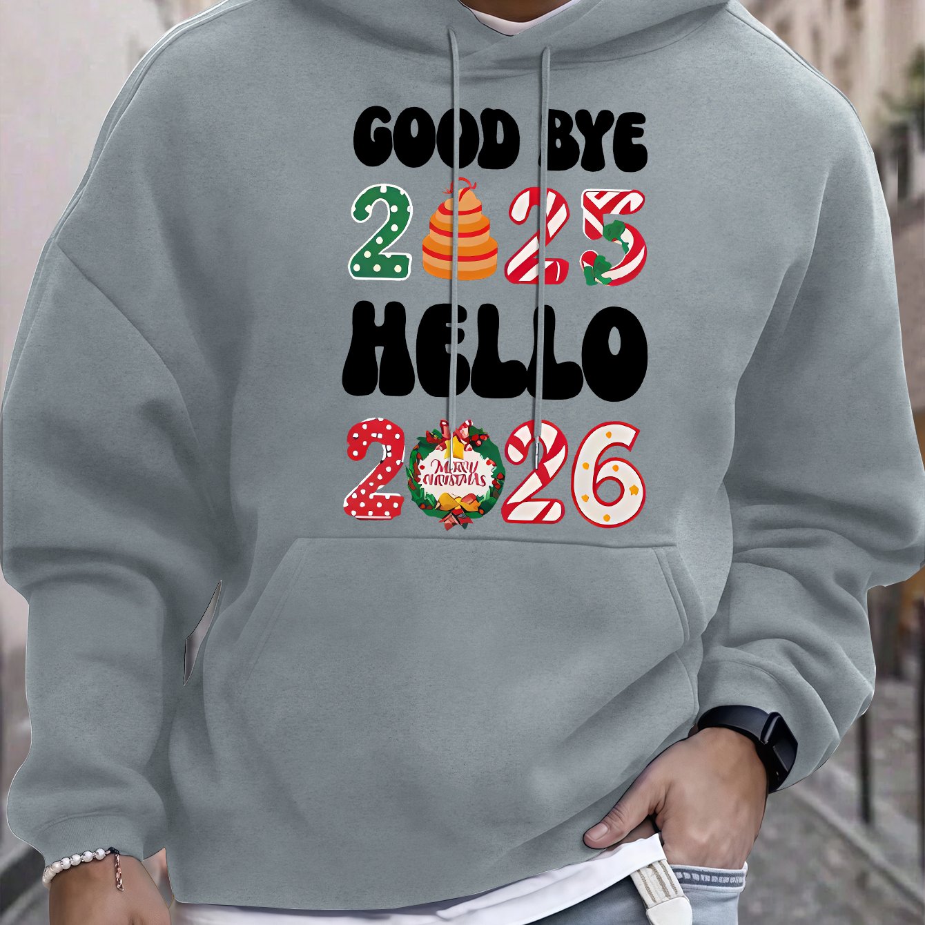 Men'S Casual Hooded Sweatshirt with "Goodbye 2025 Hello 51.46meter Print - Pullover with Colorful Lettering, Regular Fit, Winter Warmth, Casual Wear Hoodie|Casual Style Hoodie|Comfortable Fit Hoodie