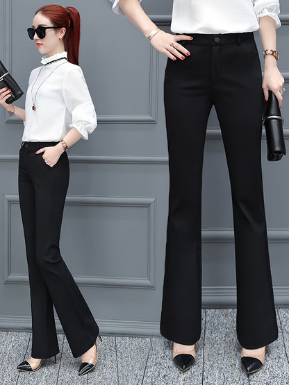 Women's Elegant Black Tailored Pants - High Waist, Straight Leg, Nylon Blend, Perfect for Spring & Fall, Zip Closure, Casual to Semi-Formal Wear, Casual to Formal Wear|Highwaist Trousers|Smooth Texture