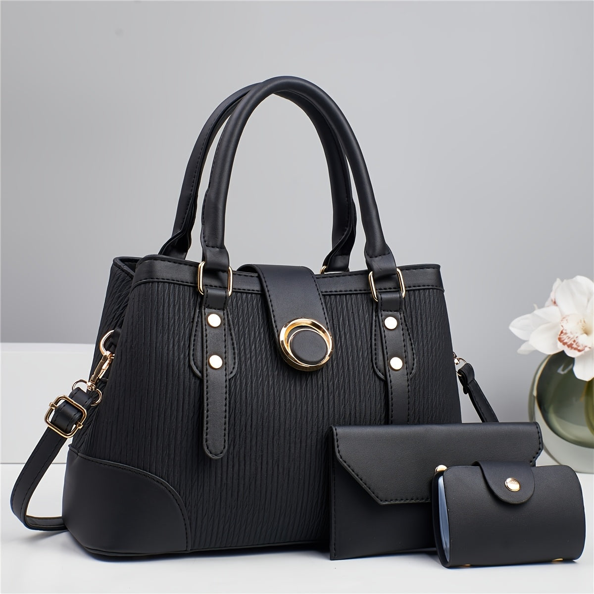 Women's 3-Piece Striped PU Handbag Set with Detachable Strap