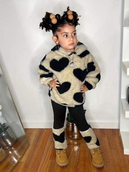 1- Girls' Fashion Casual Heart Print Plush Hoodie and Patchwork Knit Pants Set, Suitable for Autumn and Winter, School, Leisure, Outdoor Sports, Perfect for Outdoor