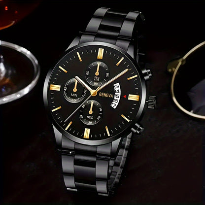 2pcs Men'S Quartz Watch Set with Concept Decorative Dial, Fashionable Wristwatch & Bracelet Combo - Shock-Resistant, Analog Display, Alloy & Stainless Steel Bands - Ideal for Birthdays & Holiday Parties, Gift for Men & Studen