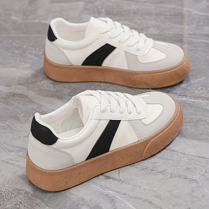 Women'S Striped Lace-Up Sneakers, Low Top Casual Shoes, All-Season Comfortable Lightweight Footwear, Plain Toe, Polyurethane Upper, Fabric Inner, Rubber Sole, Fabric Insole