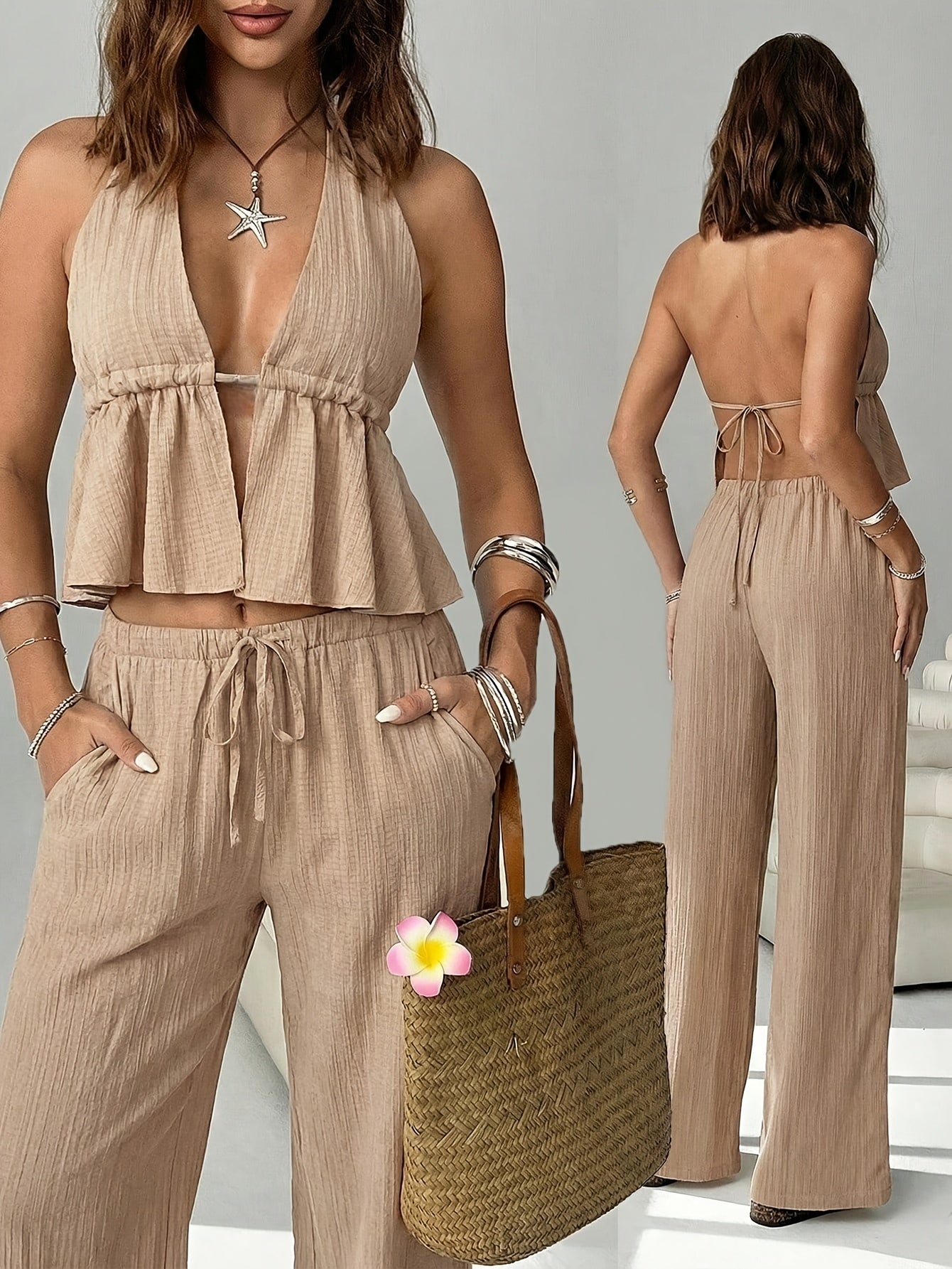 Women's Casual Tie-Up Halter Tank Top & Wide Leg Pants Set