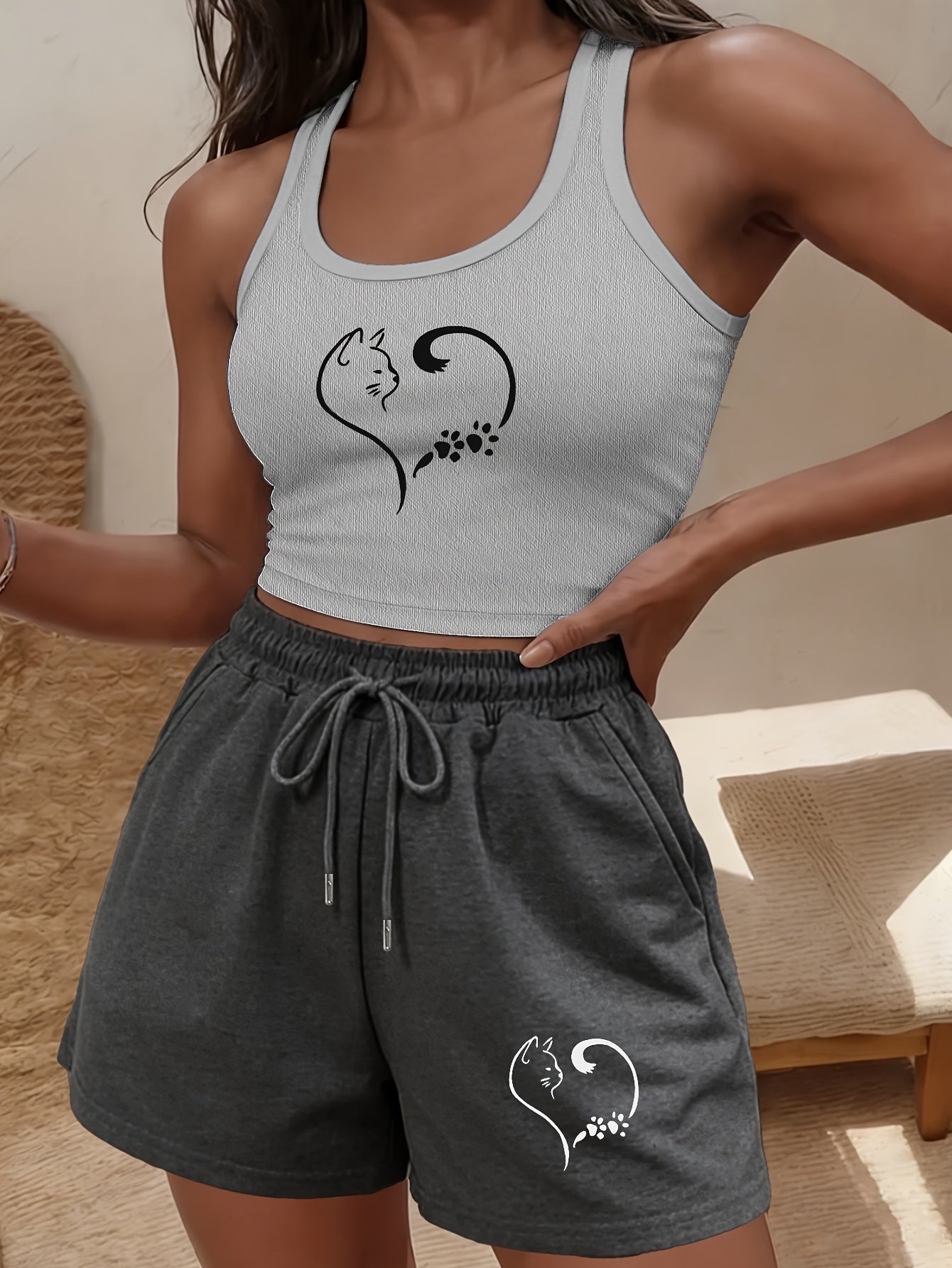 Buttery-Soft Crop Tank & Drawstring Shorts Set for Casual Wear