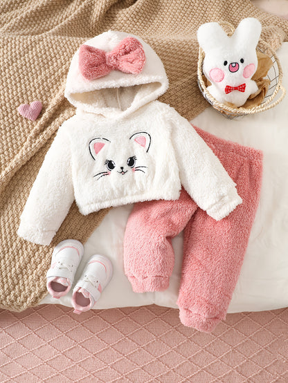 Girls' Cute Cartoon Cat Print Hooded Sweatshirt & Pants Set - Soft Plush Fleece, Pink &, Perfect for Outdoor Play & Daily Wear, Ideal Gift for Newborns, Outdoor Play Clothes, Playful Design, Comfortable Clothing, For Outdoor