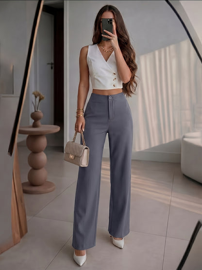 Petite High-Waisted Wide Leg Pants - Chic Draped Straight Trousers