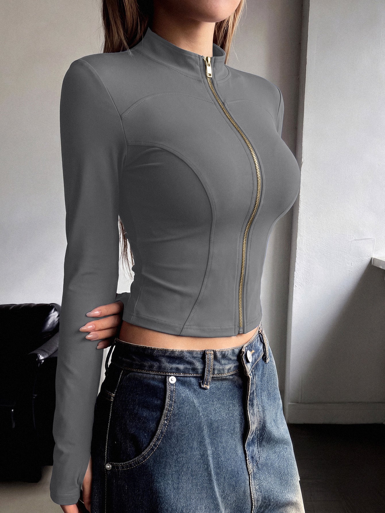 Women’s Athletic Long Sleeve Jacket with Thumb Loop, Stretchy Fit