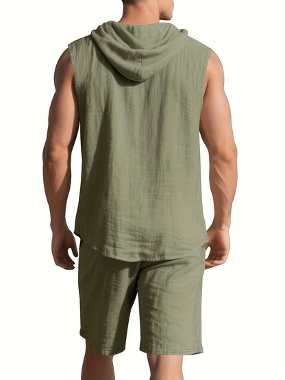 Men's Summer Linen Hooded Sleeveless Shirt & Shorts Set