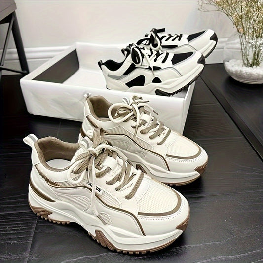 Women's Breathable Mesh Chunky Sneakers - Versatile All-Season, Mid-Top Lace-Up Sports Shoes in Beige/Brown & Black/White, Faux Cover Upper with Rubber Sole, Easy Care, High Top Sneakers