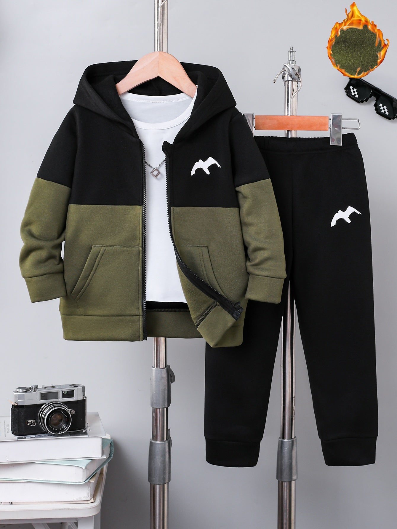 2pcs Boys' Autumn/Winter Fleece-Lined Hooded Zip-Up Jacket and Pants Set with Bird Print, Simple Color Block Design with Pockets, Fashionable Sporty Outfit for Outdoor Activities and Daily Wear, 100% Polyester Knit Stretch Fa