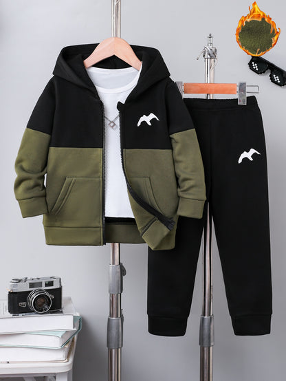 2pcs Boys' Autumn/Winter Fleece-Lined Hooded Zip-Up Jacket and Pants Set with Bird Print, Simple Color Block Design with Pockets, Fashionable Sporty Outfit for Outdoor Activities and Daily Wear, 100% Polyester Knit Stretch Fa