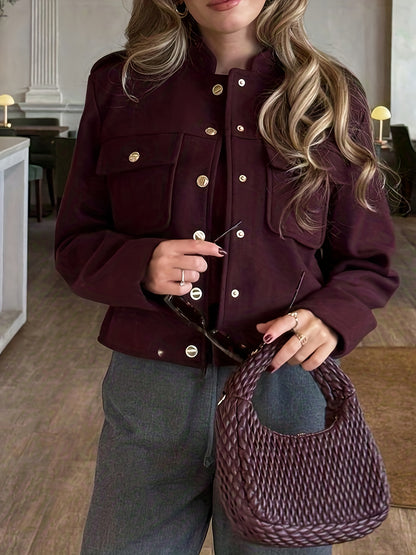 Կանացի բորդո կարմիր բաճկոն՝ ոսկեգույն կոճակներով փակմամբ - կառուցվածքային օձիք և կարված չափսի ամենօրյա վերարկու՝ աշնանային, գրասենյակային, կիսապաշտոնական միջոցառումների համար - լվացքի մեքենայով լվացվող վերնազգեստ (առանց ձգվելու)