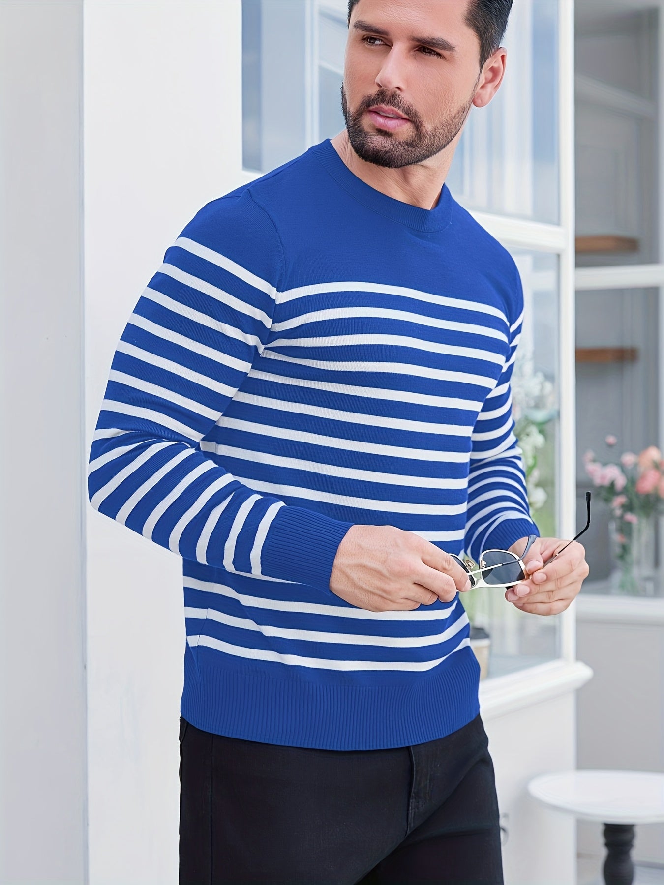 Գարնանային և աշնանային ամենօրյա երկգույն գծավոր տղամարդու սվիտեր-պուլովեր՝ գունավոր բլոկներով, կլոր վզնոցով, տղամարդու տրիկոտաժե վերնաշապիկ