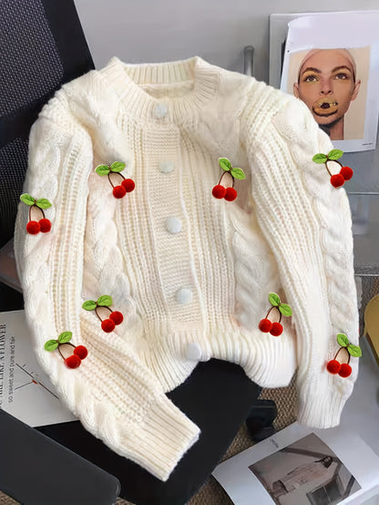 Women'S Purple Cable Cardigan with Cherry & Leaf Embellishments - Cozy Button-Up Sweater for Fall & Winter, Soft & Stylish Design, Perfect for Casual or Holiday Outfits, Winter Cardigan | Cable Cardigan | Buttoned Closure, Sw