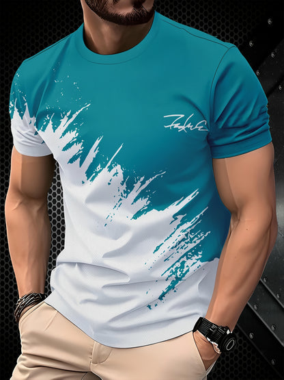 Men's 3D Print Color Block T-Shirt - Casual Short Sleeve, Summer Outdoor Wear, Stretch Polyester Blend, Machine Washable